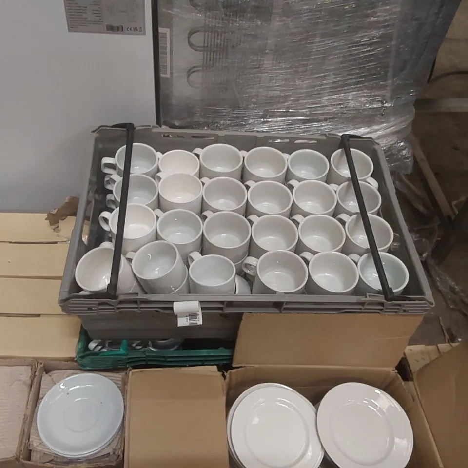 PALLET CONTAINING A VERY LARGE QUANTITY OF WHITE CUPS AND SAUCERS, WHITE SIDE PLATES, WHITE STACKING TEA CUPS AND WHITE SAUCERS