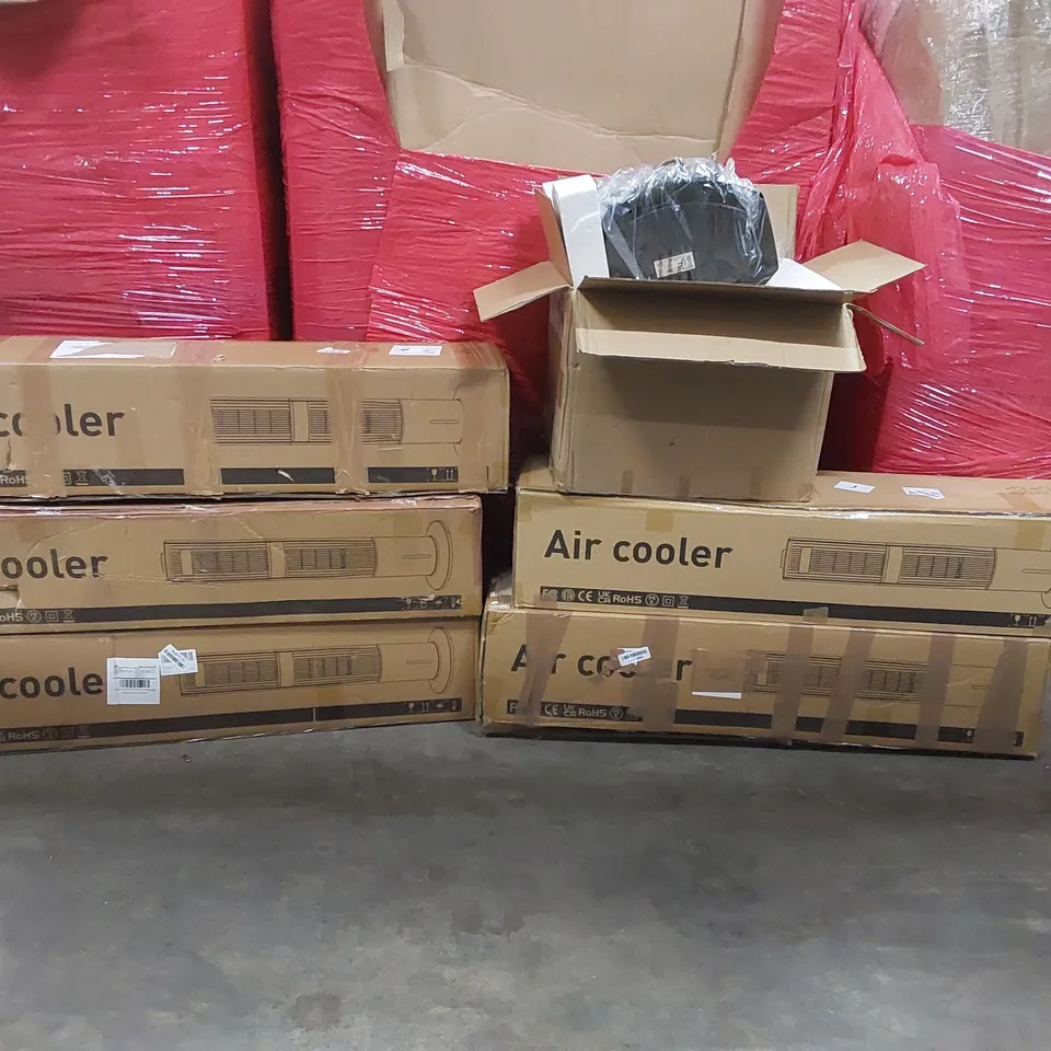 PALLET OF ASSORTED CONSUMER PRODUCTS TO INCLUDE: ELECTRIC AIR COOLERS,  GARMENT STEAMER ECT