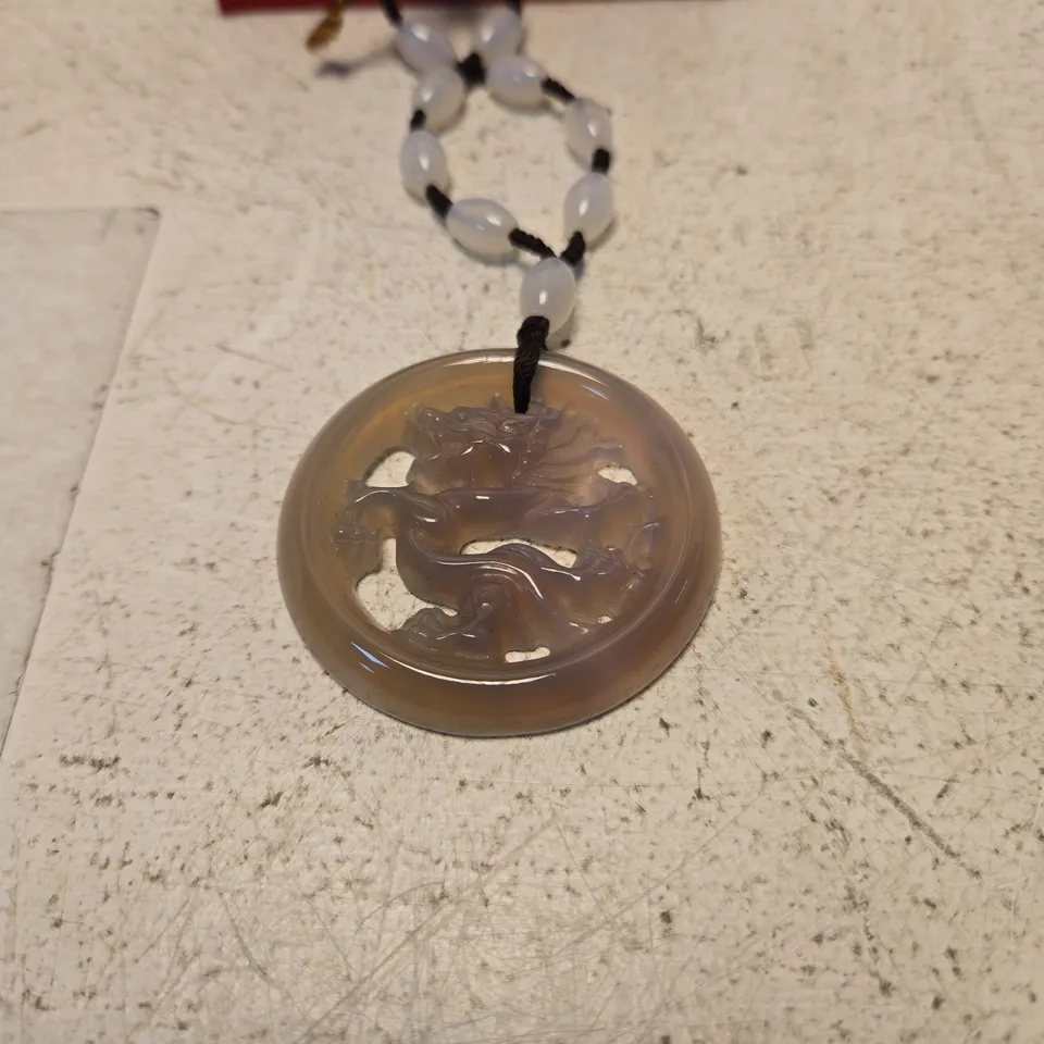 DRAGON CARVED CIRCULAR PENDANT ON BEADED NECKLACE WITH PRESENTATION BOX