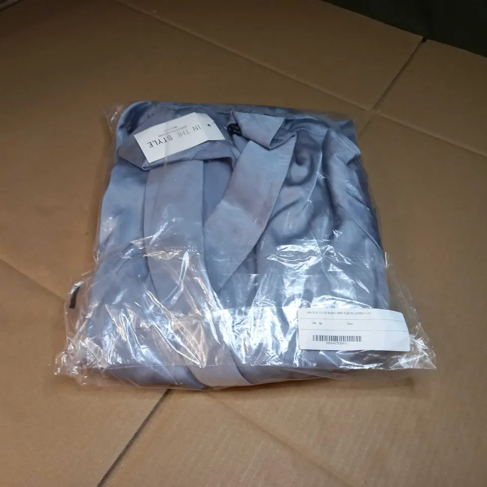 PACKAGED INTHESTYLE ASH BLUE FLUTED SLEEVE WRAP PLEATED JUMPSUIT - SIZE 14