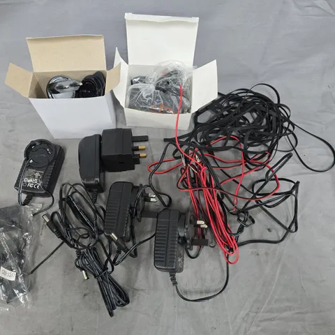 LARGE QUANTITY OF ASSORTED POWER CABLES AND WIRES FOR LENCO TURNTABLES INCLUDES POWER SUPPLIES, SPEAKER WIRE AND DRIVE BELTS 