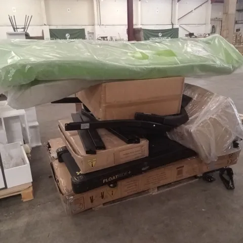 PALLET OF ASSORTED INCOMPLETE OR DAMAGED HOUSEHOLD GOODS AND PRODUCTS TO INCLUDE; PLUM SLIDES, TREADMILL, TRAMPOLINE PARTS ETC