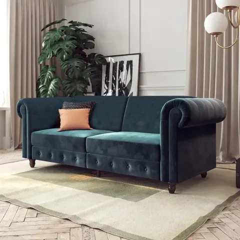 BOXED FELIX CHESTERFIELD SOFA BED - BLUE VELVET (2 BOXES)