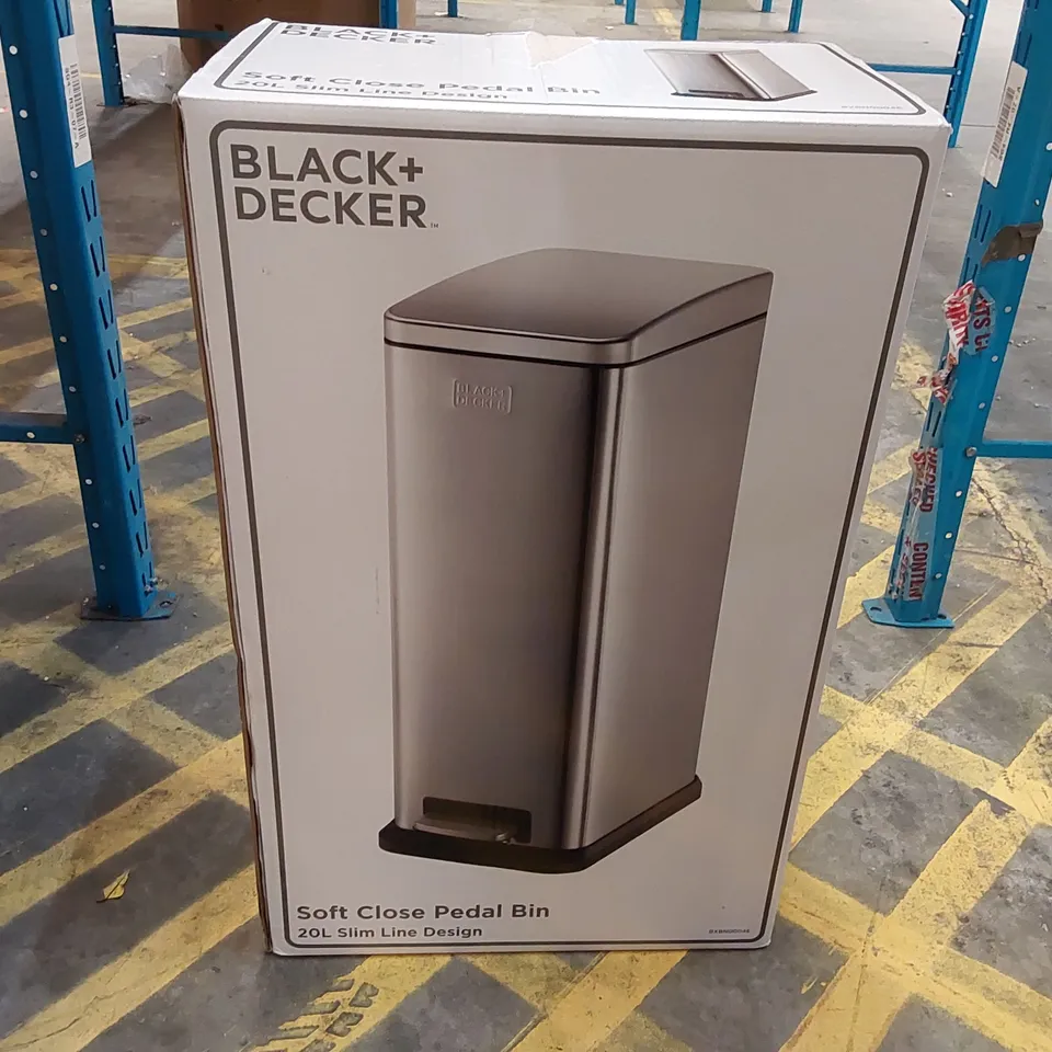BOXED BLACK+DECKER BXBN0004GB 20L METALLIC GREY SLIMLINE PEDAL BIN WITH SOFT CLOSE LID, STAINLESS STEEL, 56CM X 22CM X 36CM (1 BOX)