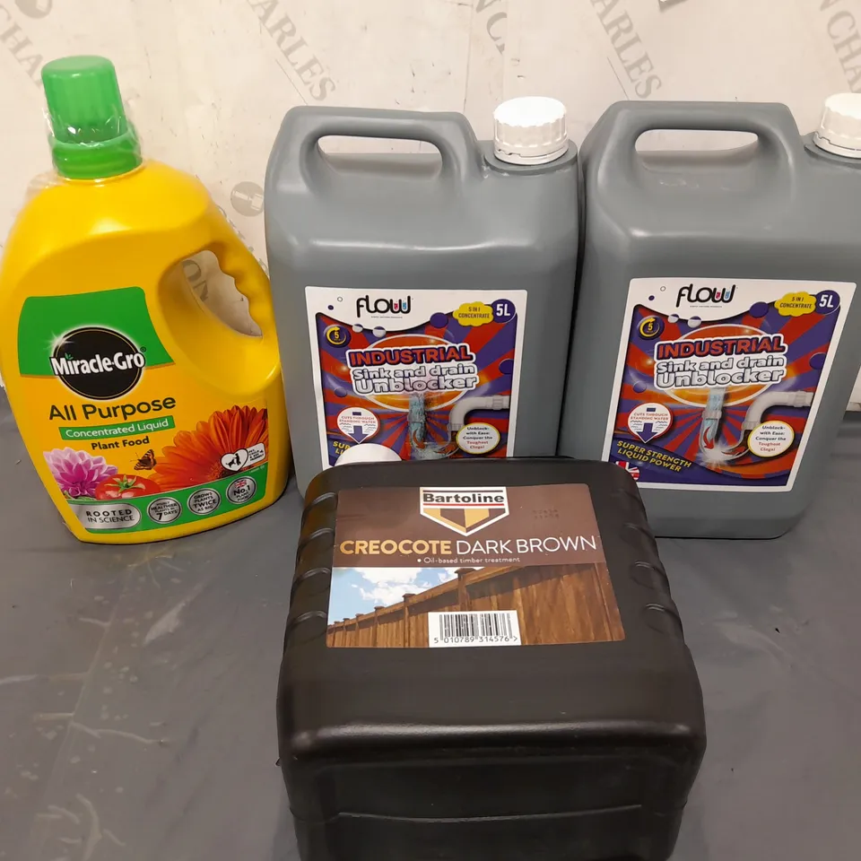 4 ASSORTED PRODUCTS TO INCLUDE FLOW INDUSTRIAL SINK AND DRAIN UNBLOCKER 5-LITRE, MIRACLE-GRO ALL PURPOSE CONCENTRATED LIQUID PLANT FOOD, BARTOLINE CREOCOTE DARK BROWN OIL-BASED TIMBER TREATMENT