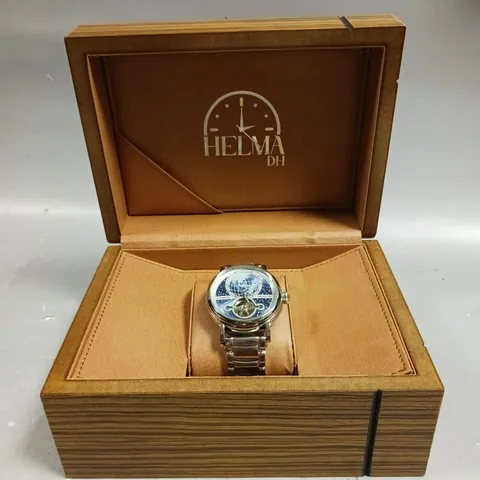 MENβS HELMA DH AUTOMATIC WORLD VIEW WATCH β TOURBILLON MOVEMENT β BLUE DIAL β STAINLESS STEEL STRAP β GLASS EXHIBITION BACK CASE