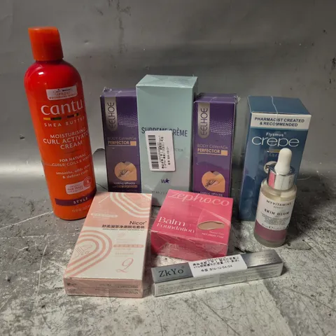 APPROXIMATELY 20 ASSORTED COSMETICS ITEMS TO INCLUDE CANTU CURL ACTIVATOR CREAM, ZEPHOCO BALM FOUNDATION, SUPREME CREME ALL OVER COMPLEXION PERFECTER, ETC