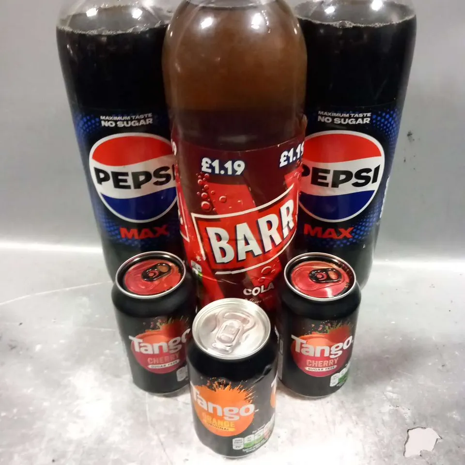 SIX ASSORTED DRINK BASED PRODUCTS TO INCLUDE; PEPSI MAX(2L) BARR COLE(2L) THREE ASSORTED CANS OF TANGO