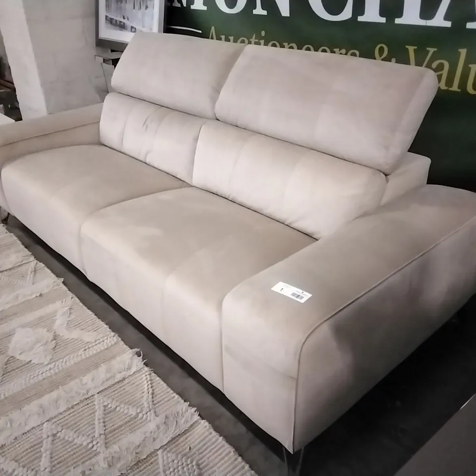 BRAND NEW ITALIAN MADE MARINELLI AZIMUT THREE SEATER BEIGE VELVET SOFA WITH ADJUSTABLE HEADRESTS  RRP £2665