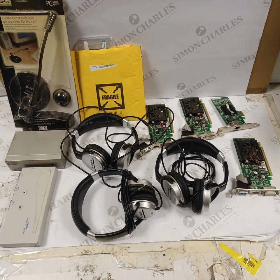 LOT OF APPROX 11 ASSORTED TECH ITEMS TO INCLUDE PEGATRON GEFORCE 210 GPUS, IPHONE SCREEN REPLACEMENT, NUMARK HEADPHONES ETC