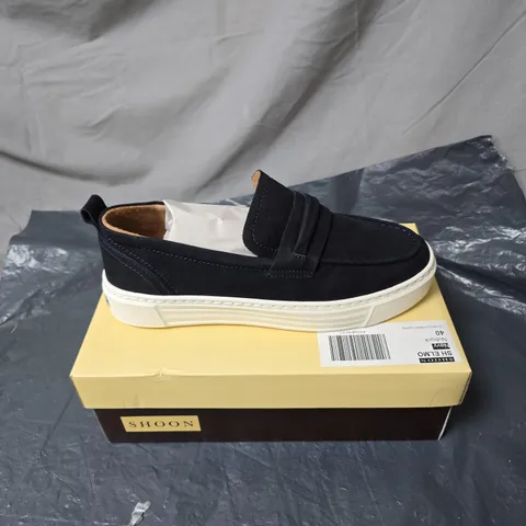 SHOON NAVY SUEDE SLIP-ON LOAFERS – BOXED SIZE 40