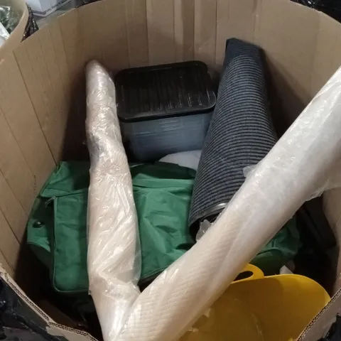 PALLET OF ASSORTED HOUSEHOLD GOODS AND PRODUCTS TO INCLUDE; RUGS, CABIN BAGS, PLASTIC STORAGE BOXES, SOFT TOY ETC