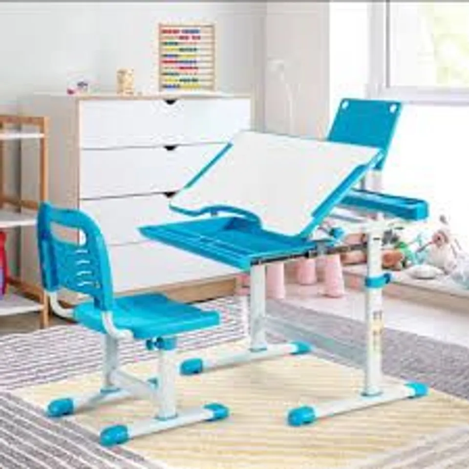 BOXED COSTWAY HEIGHT ADJUSTABLE KIDS STUDY TABLE AND CHAIR SET WITH BOOKSTAND - BLUE