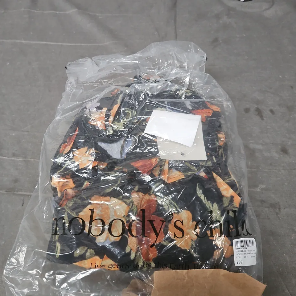 NOBODY'S CHILD LAYLA MIDI DRESS - BLACK FLORAL PRINT, UK 8