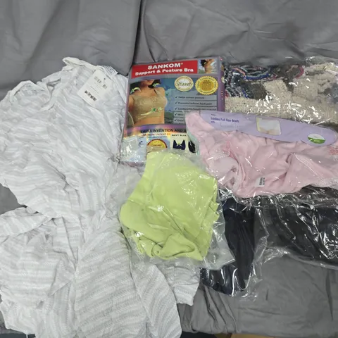 APPROXIMATELY 20 ASSORTED ITEMS TO INCLUDE POSTURE BRA, DRESS, LADIES FULL SIZE BRIEFS, ETC