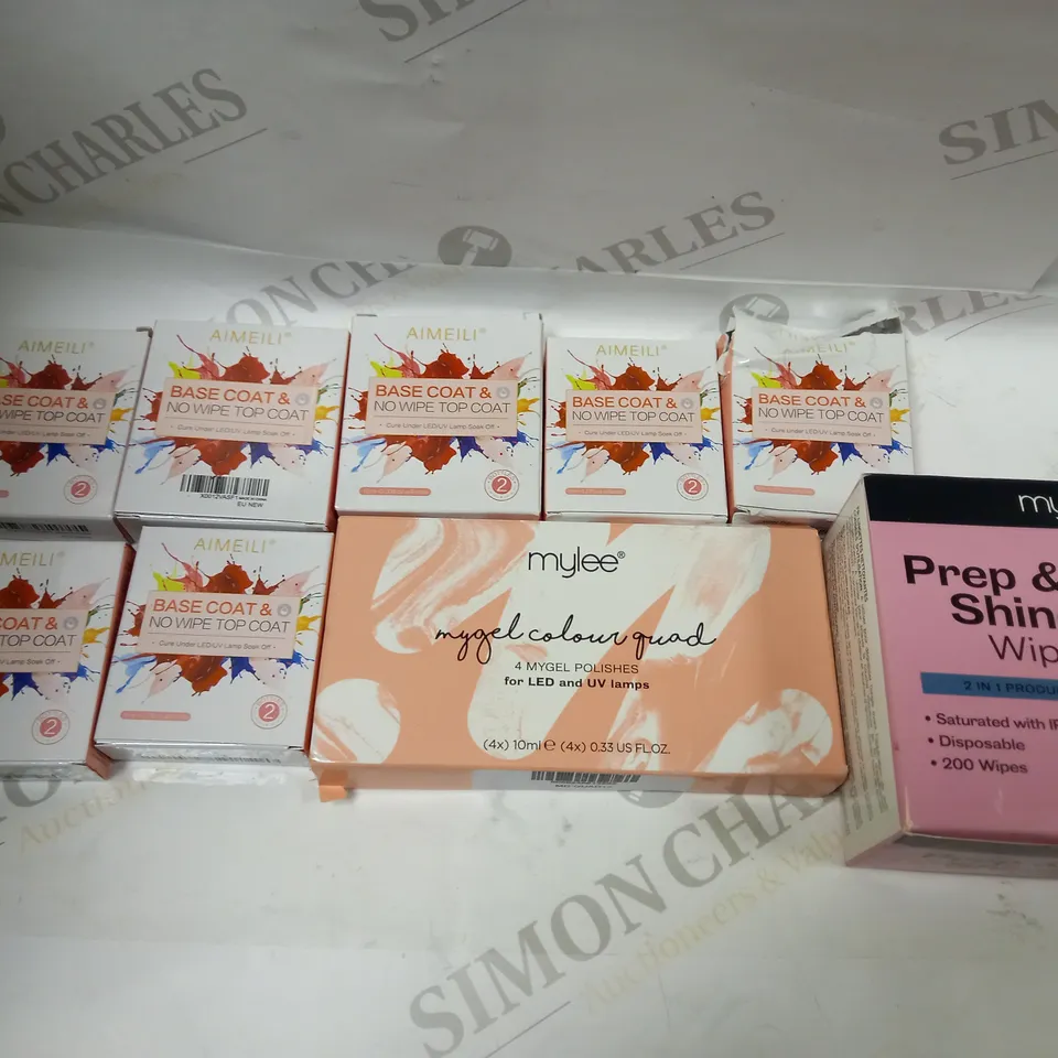 MYLEE GEL POLISH NAIL PREP WIPES, COLOURS AND AIMEILI BASE AND TOP COAT SETS APPROX. 9 ITEMS  