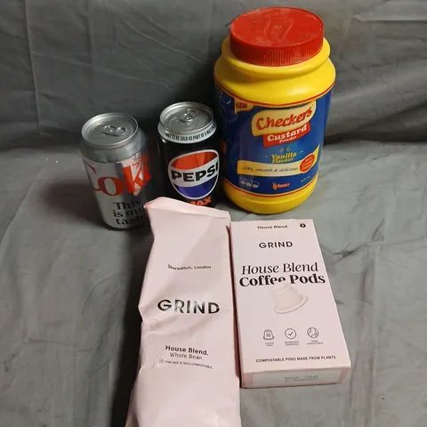 APPROXIMATELY 10 ASSORTED FOOD/DRINK PRODUCTS TO INCLUDE CHECKERS CUSTARD POWDER, GRIND COFFEE, PEPSI MAX ETC 