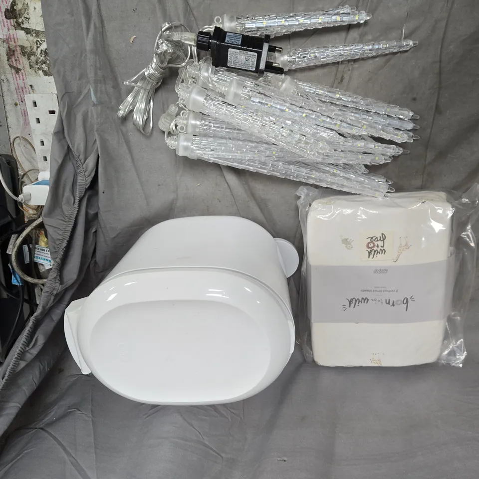 A BOX OF APROXIMATELY 12 ASSORTED ITEMS TO INCLUDE WHITEBIN WITH LID, LED STRING LIGHTS  BEDSHEET