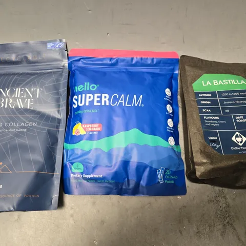 APPROXIMATELY 7 ASSORTED FOOD ITEMS TO INCLUDE - LA BASTILLA , ANCIENT BRAVE WILD COLLAGEN , NELLO SUPER CALM 
