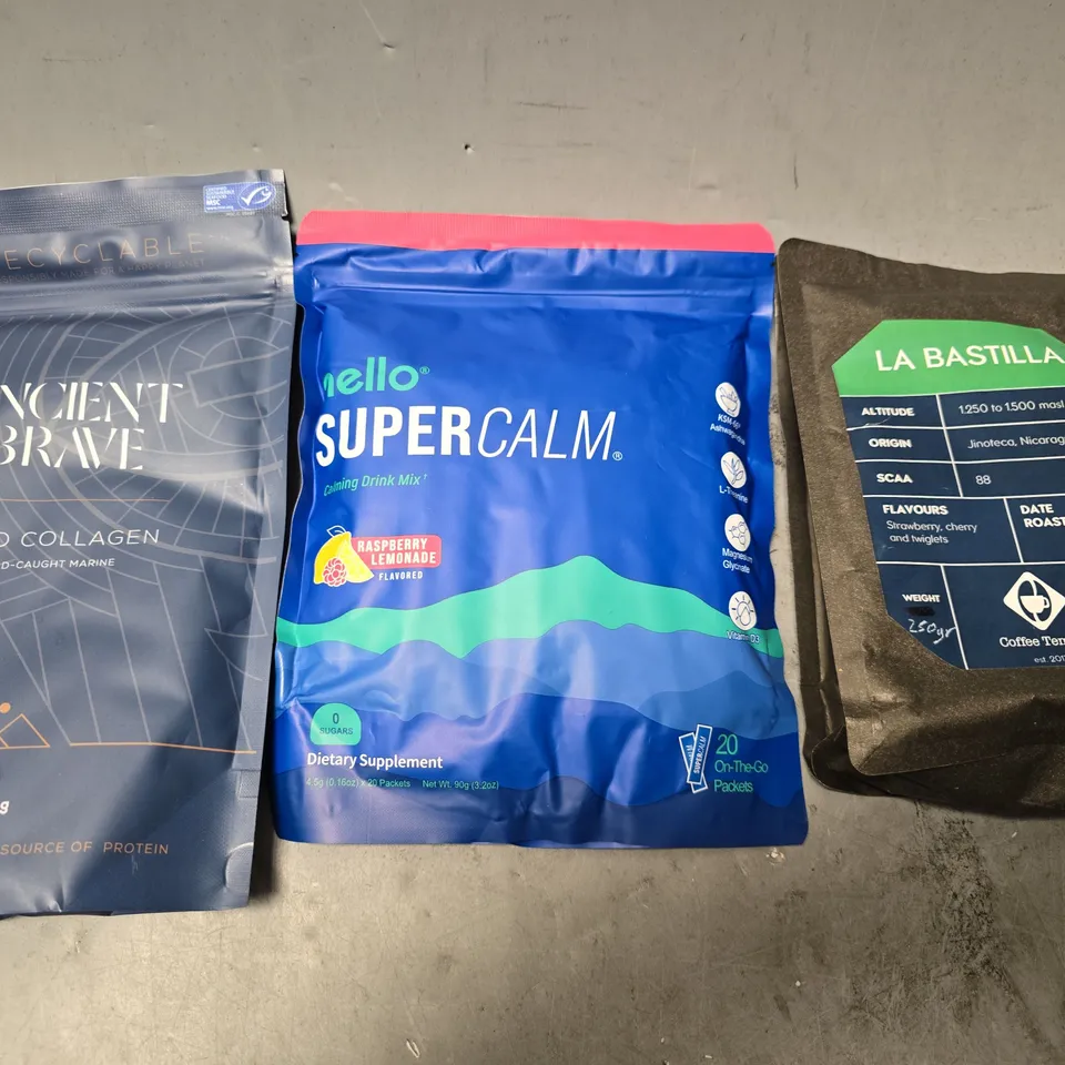APPROXIMATELY 7 ASSORTED FOOD ITEMS TO INCLUDE - LA BASTILLA , ANCIENT BRAVE WILD COLLAGEN , NELLO SUPER CALM 