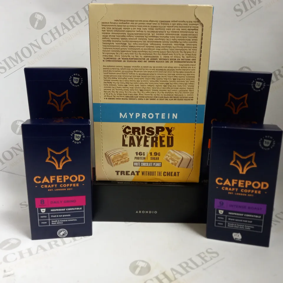 BOX OF APPROX 10 ITEMS TO INCLUDE CAFEPODS IN ASSORTED FLAVOURS, MYPROTEIN PROTEIN BARS AND NESPRESSO COFFEE PODS