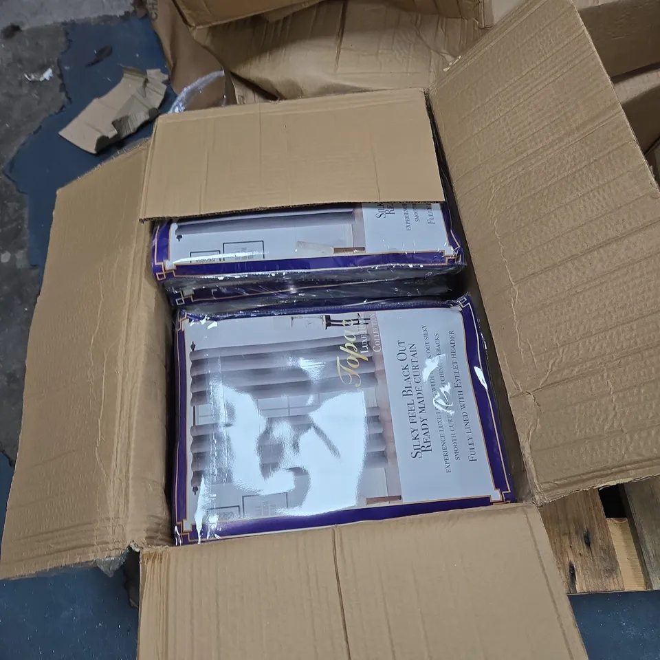 BOX OF APPROXIMATELY 10 X TOPAZ SILKY FEEL BLACK OUT READY MADE CURTAIN PANEL – GREY (EYELET HEADER)