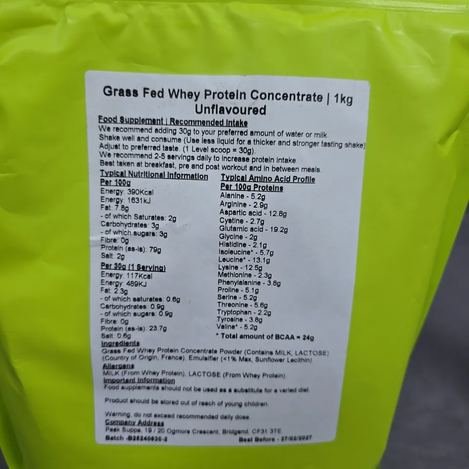 PEAK SUPPS GRASS FED WHEY PROTEIN CONCENTRATE - 1KG UNFLAVOURED
