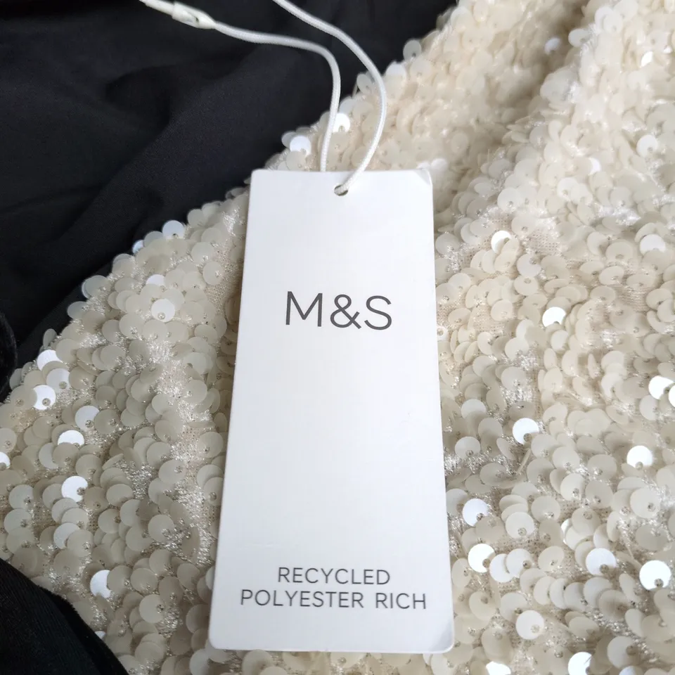 M&S WOMEN’S SEQUIN TOP WITH BLACK BOW – UK 14 REGULAR, CREAM