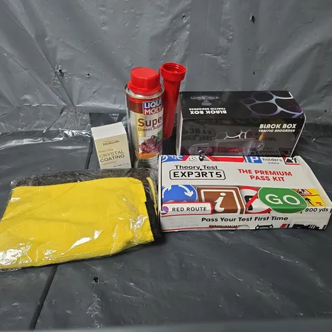 APPROXIMATELY 12 ASSORTED VEHICLE PARTS & ACCESORIES TO INCLUDE BLACK BOX, THEORY TEST PREMIUM PASS KIT, SUPER DIESEL ADHESIVE, ETC