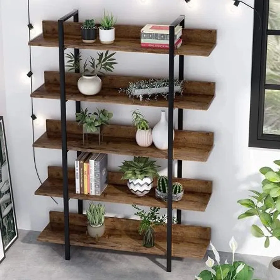 BOXED 5-TIER INDUSTRIAL BOOKSHELF IN RUSTIC BROWN/BLACK (1 BOX)