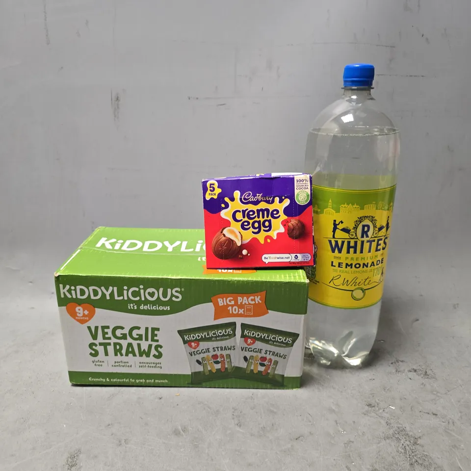 APPROXIMATELY 3 ASSORTED FOOD & DRINK ITEMS TO INCLUDE - CADBURYS CREAM EGGS , R WHITES LEMONADE , KIDDYLICIOUS VEGGIE STRAWS