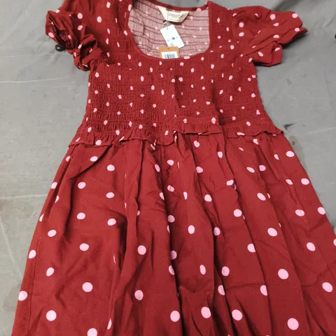 SUHARHILL LYRA SHIRRED MIDI DRESS – BROWN & PINK POLKA, UK 12