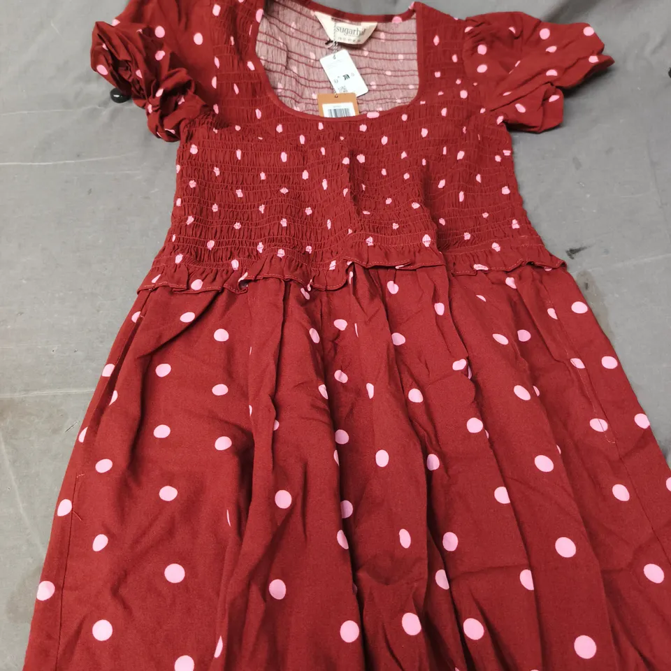 SUHARHILL LYRA SHIRRED MIDI DRESS – BROWN & PINK POLKA, UK 12