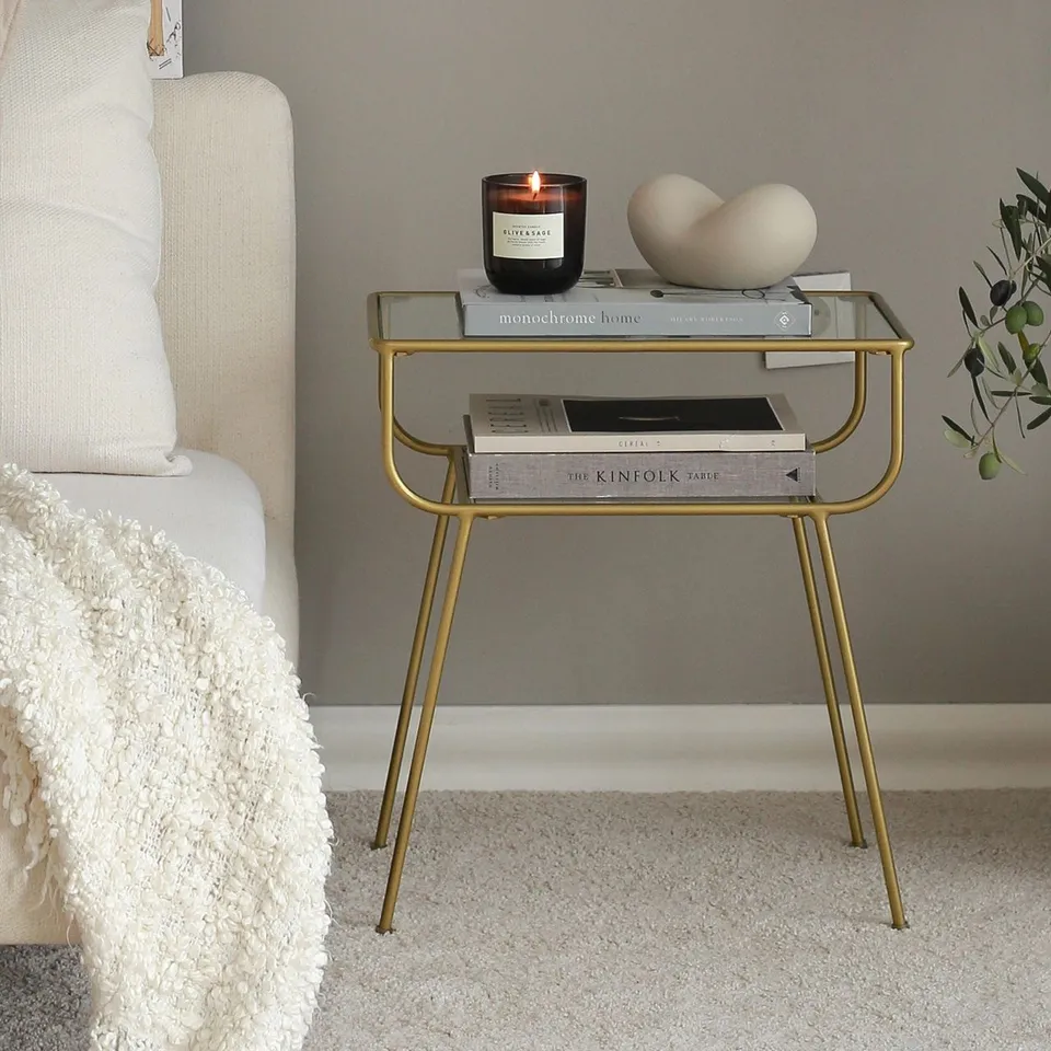 BRAND NEW BOXED VIVENSE DEER SIDE TABLE, GOLD (1 BOX)