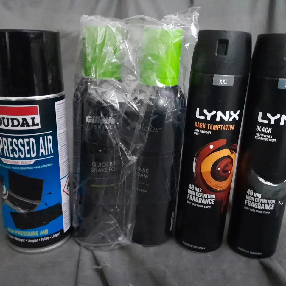 BOX OF APPROXIMATELY 15 AEROSOLS TO INCLUDE  - SOUDAL - LYNX - GILLETTE SKIN CARE    - COLLECTION ONLY 