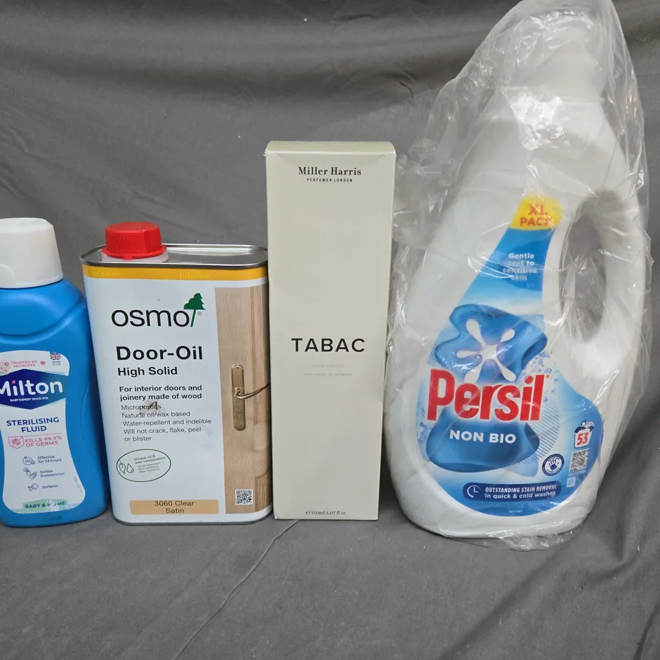 TOTE OF ASSORTED HOUSEHOLD ITEMS TO INCLUDE PERSIL, TABAC AND DOOR OIL