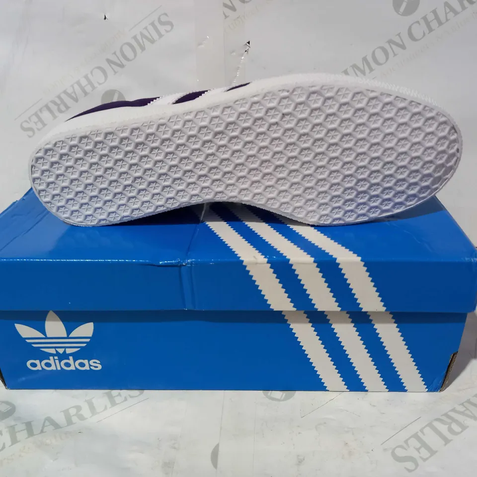 BOXED PAIR OF ADIDAS GAZELLE SHOES IN PURPLE UK SIZE 7.5