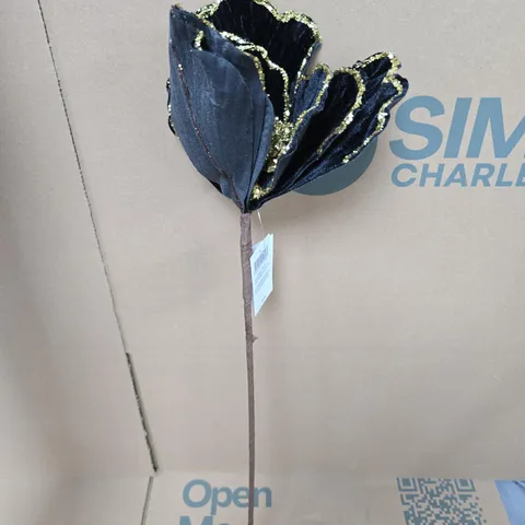 APPROXIMATELY 12 GISELA GRAHAM DECORATIVE ARTIFICIAL FLOWERS – BLACK PETALS WITH GOLD GLITTER TRIM