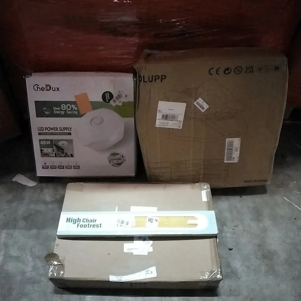 PALLET OF HOUSEHOLD ITEMS TO INCLUDE LED POWER SUPPLY, OWL SWIVEL CHAIR, HIGH CHAIR FOOTREST, BED RAIL AND OTHER ASSORTED ITEMS...