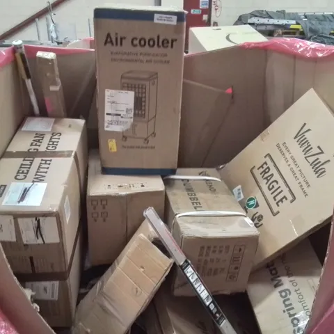 PALLET CONTAINING VARIOUS ASSORTED HOUSEHOLD ITEMS TO INCLUDE: CEILING FAN LIGHT, AIR COOLER, DUMBELL SET, WINDOW FILM AND LOTS MORE UNMARKED BOXED ITEMS 