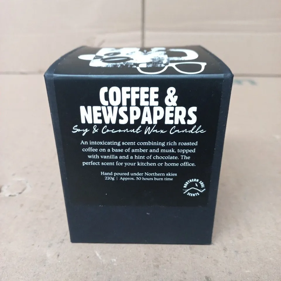 COFFEE & NEWSPAPERS SOY & COCONUT WAX CANDLE – 220G, HAND POURED