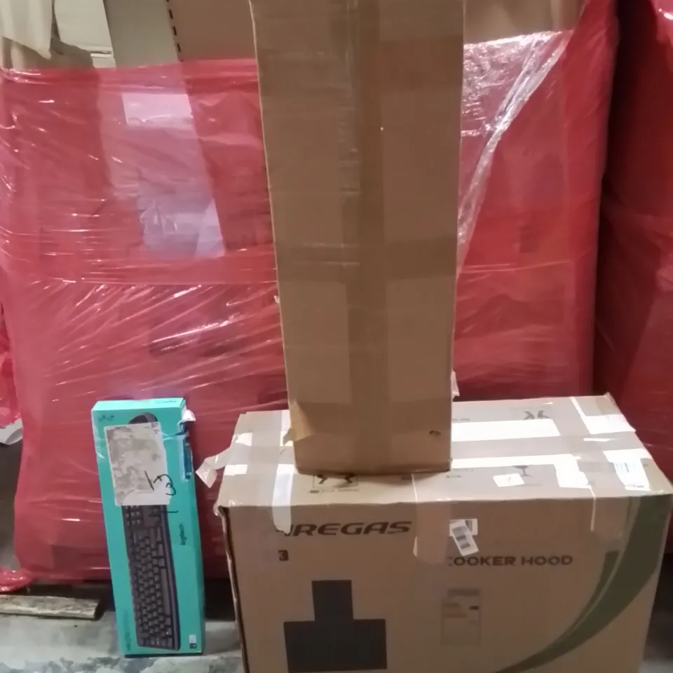 PALLET OF ASSORTED HOUSEHOLD GOODS AND PRODUCTS TO INCLUDE;COOKER HOOD,FENCE,LOGITECH KEYBOARD