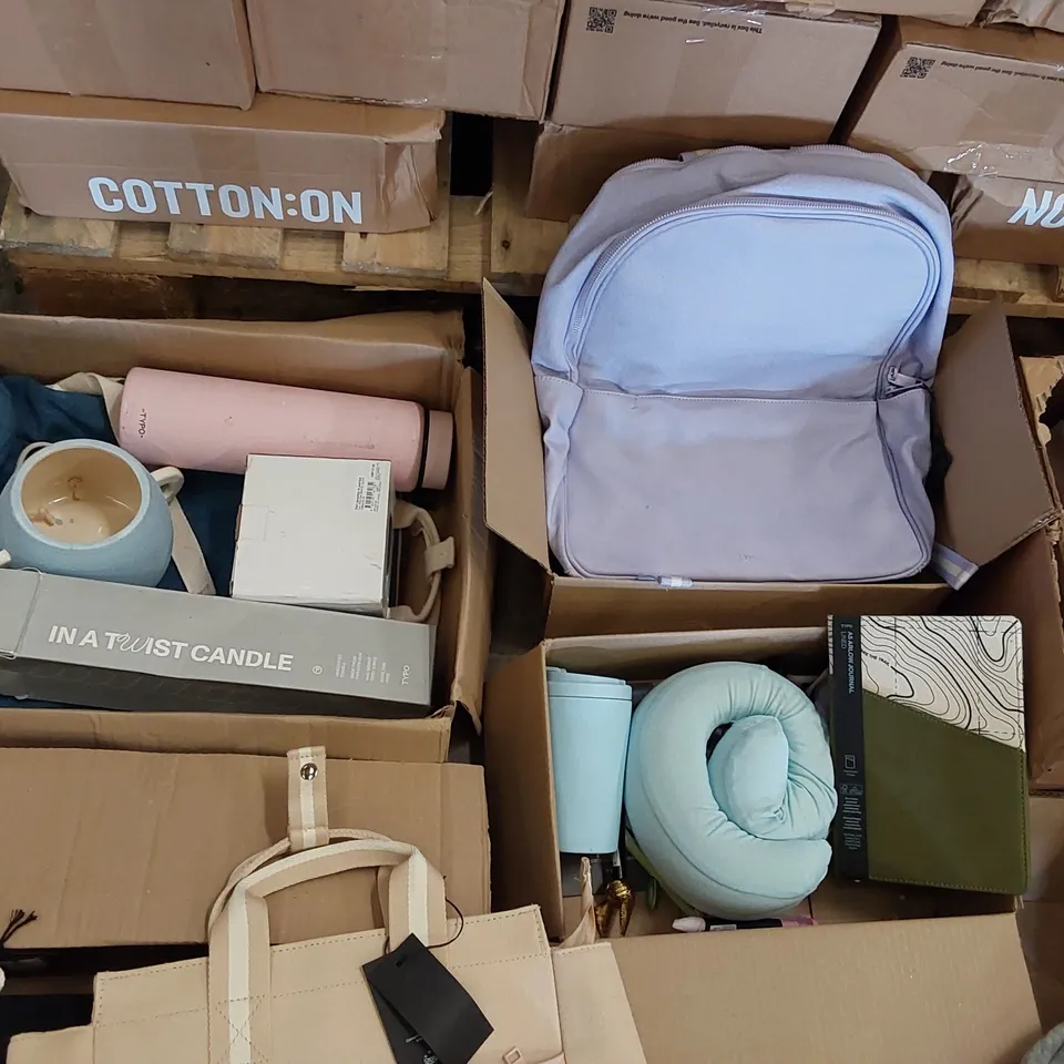 PALLET OF ASSORTED CONSUMER AND HOUSEHOLD PRODUCTS TO INCLUDE; TYPO BAGS AND RUCKSACK, 'RECOVERY MODE' FLUFFY HOODIE, PAPER CHRISTMAS TREES, TRAVEL PILLOW AND MUG, A5 JOURNAL ECT.