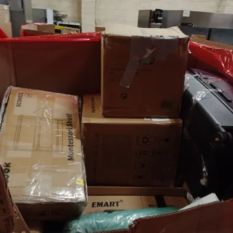 PALLET OF ASSORTED HOUSEHOLD GOODS AND PRODUCTS TO INCLUDE; SUITCASE, AUTOMATIC CAT LITTER BOX,SHELF