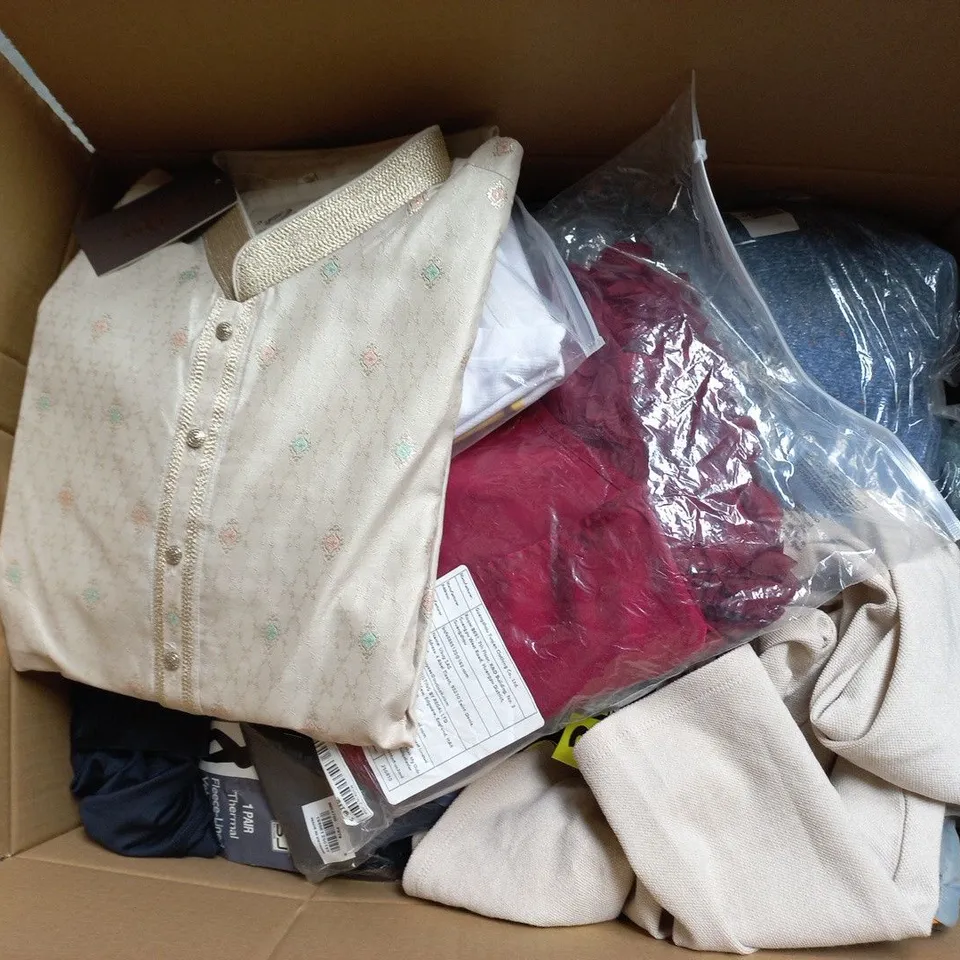 LARGE BOX OF APPROXIMATELY 20 ASSORTED CLOTHING ITEMS IN VARIOUS SIZES, STYLES AND COLOURS