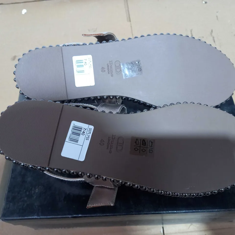 BOXED PAIR OF DUNE LONDON STUDDED PEWTER SANDALS - SIZE 7