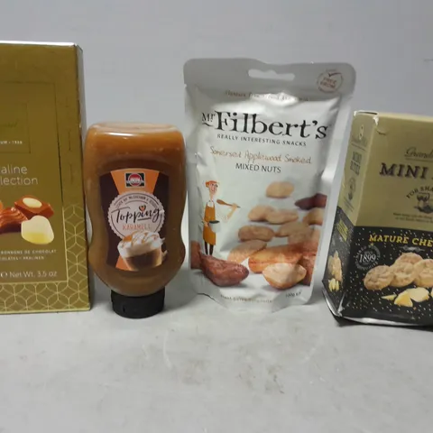 TOTE OF APPROXIMATELY 8 ASSORTED FOOD ITEMS TO INCLUDE - MINI BITES , FILBERTS MIXED NUTS , PRALINE COLLECTION ETC