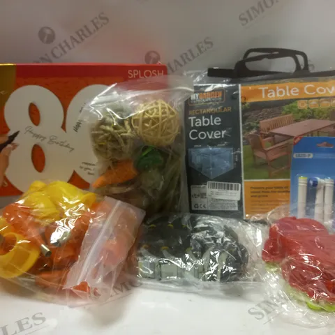 BOX OF APPROX 6 ASSORTED HOUSEHOLD ITEMS TO INCLUDE MY GARDEN TABLE COVER, TOOTHBRUSH HEADS, SPLOSH 80TH! SIGNATURE BOARD, ETC