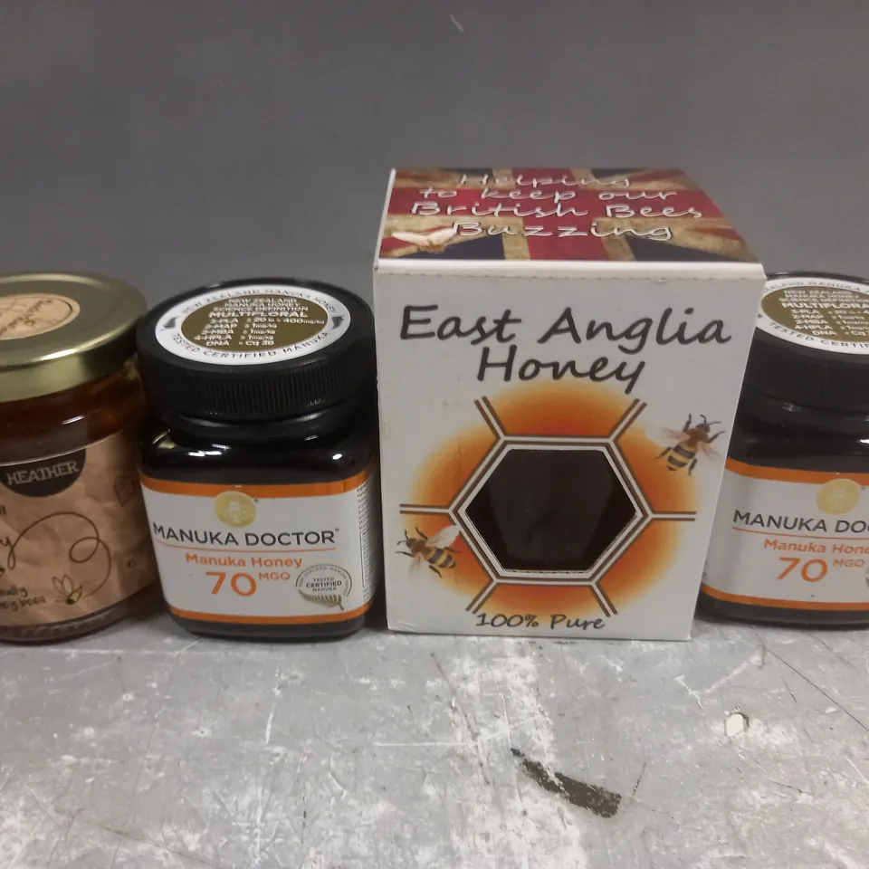 FOUR ASSORTED HONEY BASED PRODUCTS TO INCLUDE; EAST ANGLIA HONEY, MANUKA DOCTOR MANUKA HONEY AND BLACK MOUNTAIN HONEY