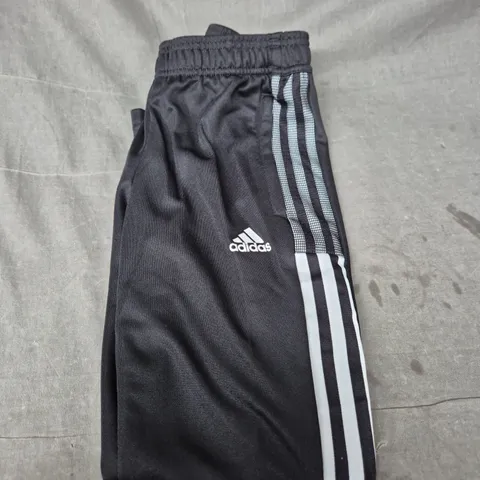 ADIDAS TRACK PANTS – BLACK WITH WHITE 3-STRIPES - SIZE 9/10 YEARS